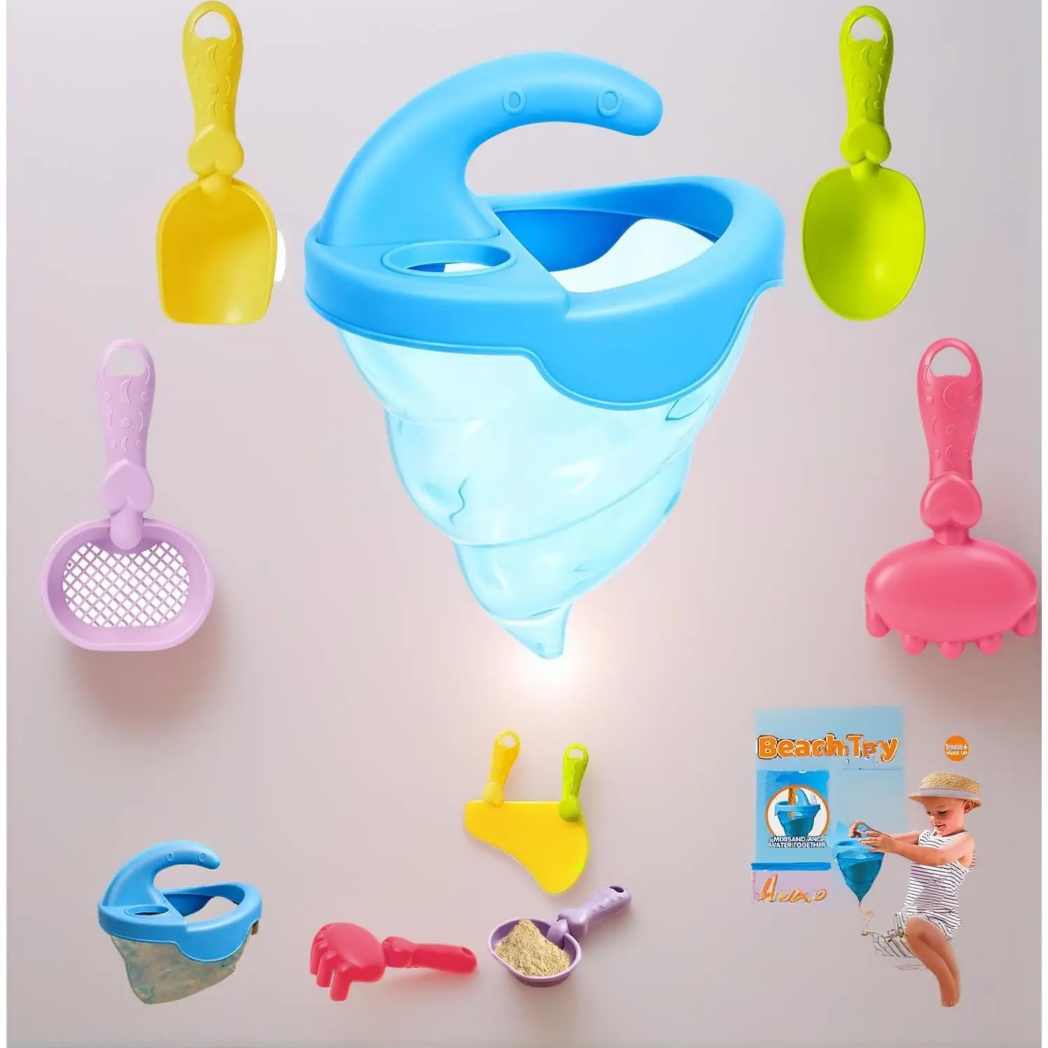 5Pcs Sand Spilling Funnel Set for Kids – Beach Toys with Shovel, Rake, Sifter & Spoon, Outdoor Sandbox Toys for Toddlers Age 3+, Pool, Backyard & Summer Beach Activities