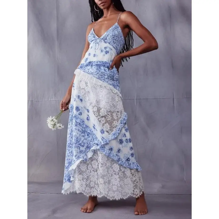 Women's  Floral Maxi Dress, Spaghetti Strap V Neck Backless Lace Ruffle Tiered Long Dresses for Summer Beach Wedding Cocktail Party Cute Fashion