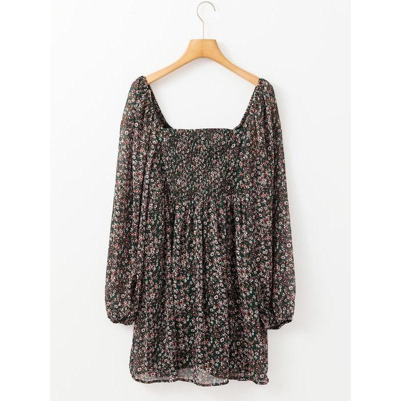 Women's Ditsy Floral Print Sweetheart Neck Shirred Back Dress, Bohemian Elegant Fashion Chic Bishop Sleeve Dress for Feminine Daily Holiday Vacation Wear, Ladies Dress for All Seasons, Casual Summer Boho Chic Womenswear, Casual Loose Dress