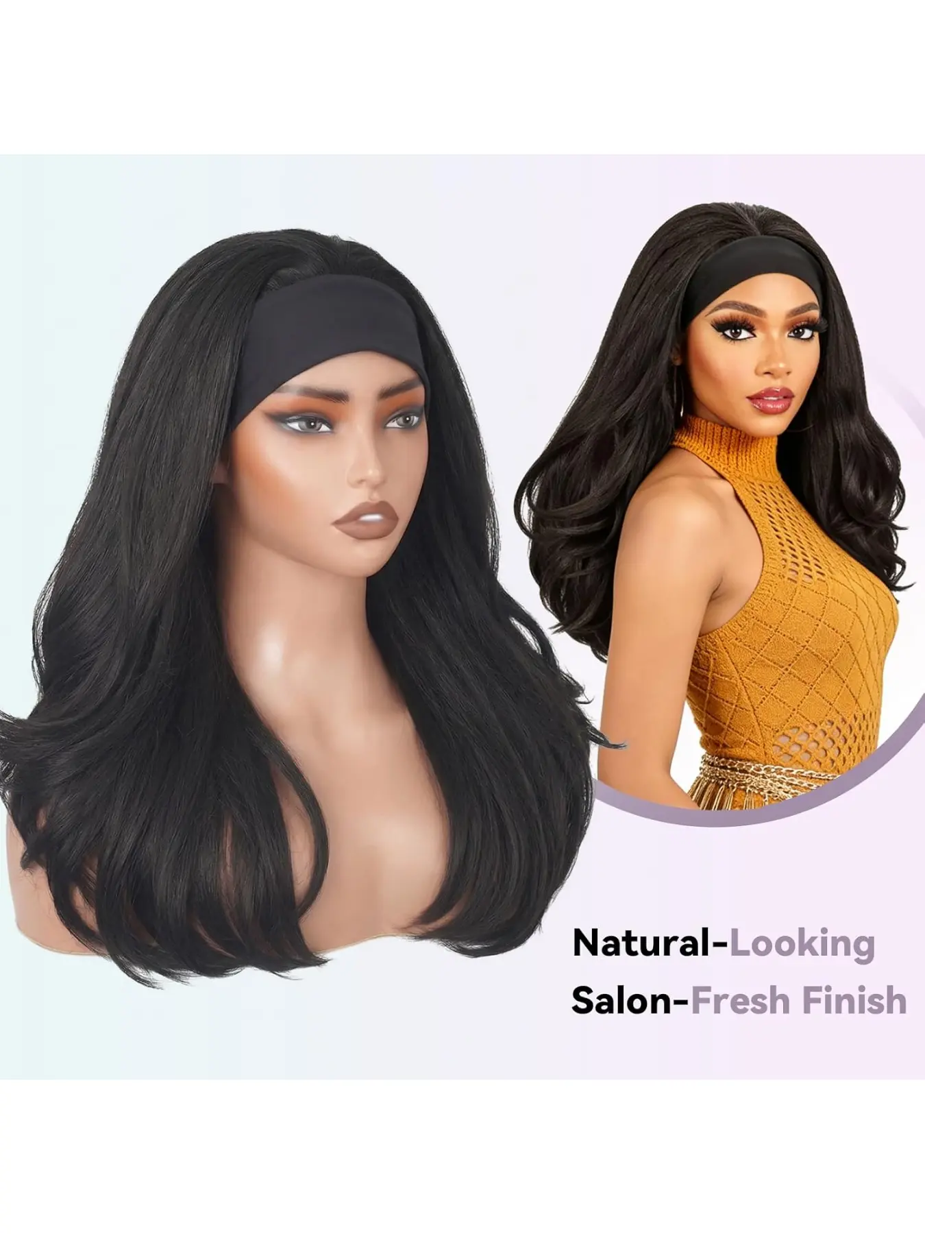 18-26inch Matte High Temperature Silk Ice Silk Headband Wig, Solid Black Yaki Textured Long Curly Synthetic Wig, Comfortable Fit All Head Sizes Daily Wear Hair Accessory for African American Women