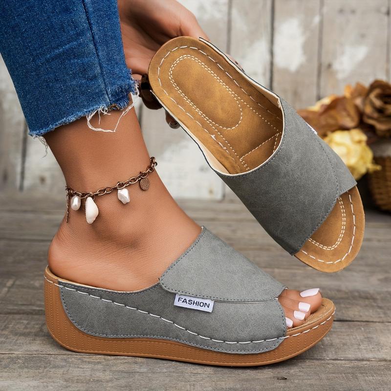 Women's Comfortable Arch Support Slide Sandals - Breathable, Stylish, Soft Sole, Mid-Heel, Open Toe With Faux Cover Straps - For Casual Attire In Maroon, Black, White, Blue, And Brown, Ladies Sandals