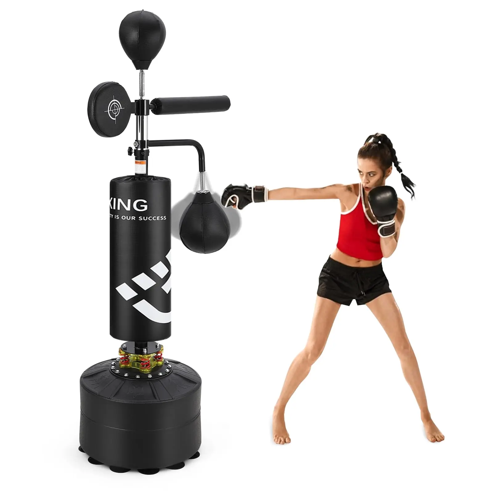 5-in-1 Freestanding Punching Bag Stand, Adjustable Height Heavy Bag with Speed Balls & Reflex Bar. Home Boxing Station for Adults & Kids. MMA Kickboxing Training Equipment. No Drilling, Easy Assembly. Garage Gym Essential