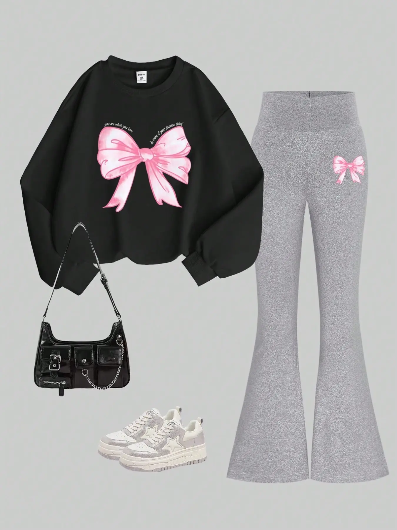 Girls' Bow Sweatshirt and Bell Bottoms Set, Soft Korean Style, Large Bow Print, Sparkly Micro-Bell Pants, Fall & Winter
