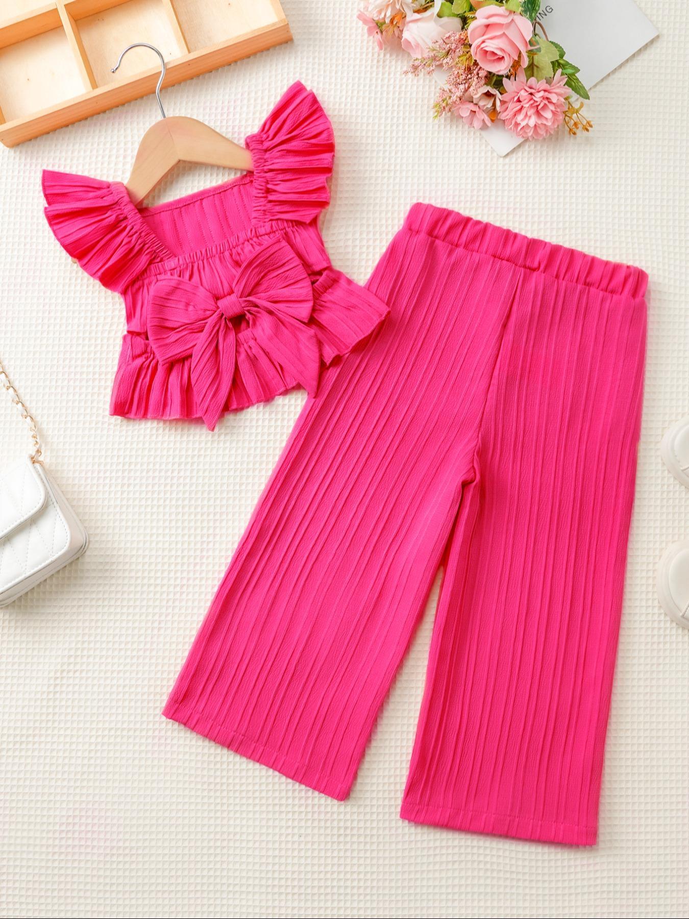 Two-Piece Set Toddler Girl's Solid Ruffle Trim Top & Wide Leg Pants Set, Casual Elegant Square Neck Top & Trousers for Daily Outdoor Wear, Kids Clothes for Summer, Fashion Style Sets