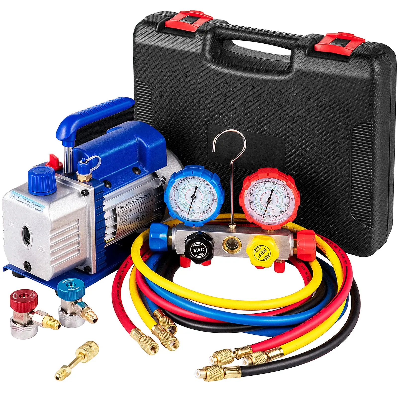 【DealsForYouDays】VEVOR Aluminum Alloy Refrigeration Suction Pump, 4.8CFM 1/4 HP Single-Stage for HVAC A/C Cooling Systems, 5PA Ultimate Vacuum, 4-Way Manifold Gauge Kit for R410A R134A R22 with Gauge Hoses