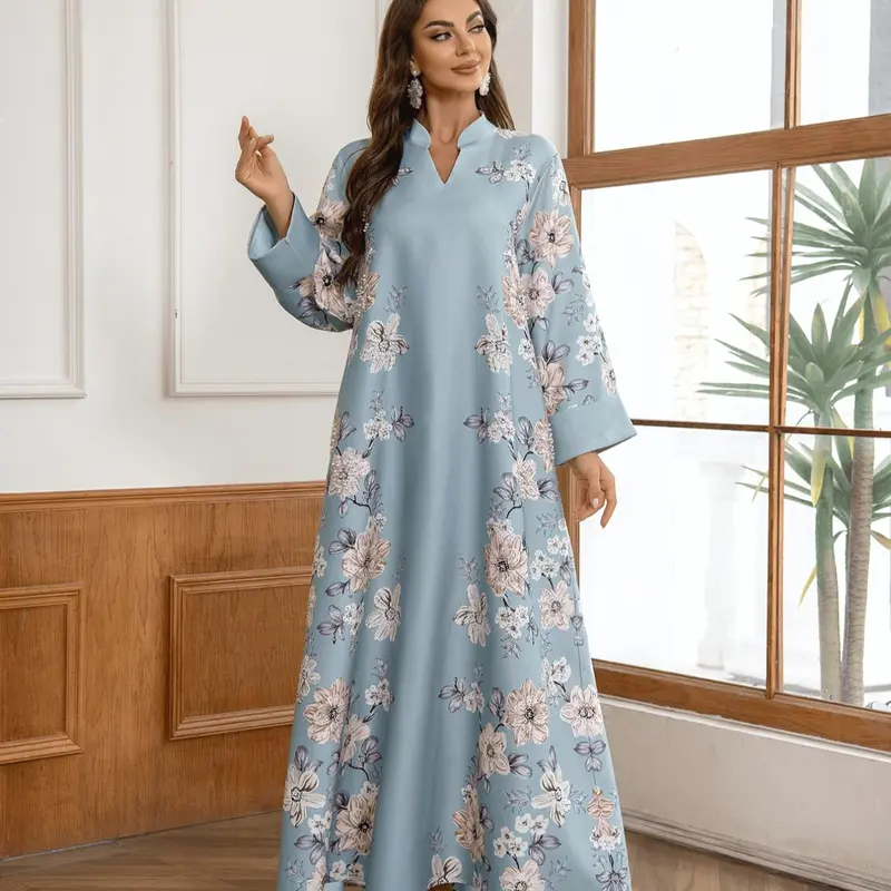 Elegant Chic Long Dress with V-Neck, Long Sleeve, Loose Fit, All over Print, Floral, Beaded Design, Embellished Beaded Gown, Evening Wear, Arabic Jalabiya, Women's Luxury Fashion, Luxe Dress