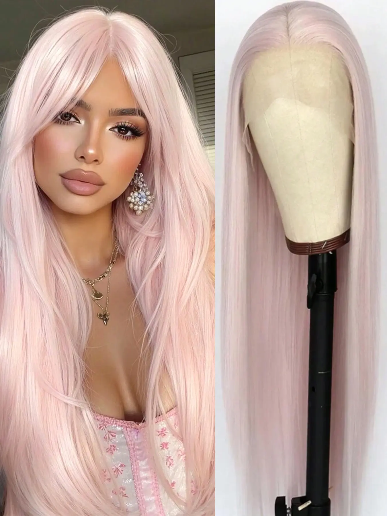 Ice Pink Wig for Women 13x4 Lace Front Wig 26inch Long Straight Premium Synthetic Wigs Soft Natural Heat-resistant Fiber Cosplay Wig