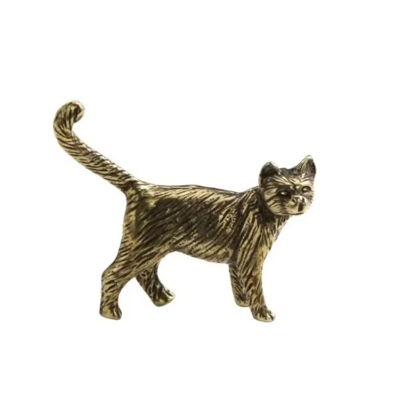 Retro Long Tailed Cat Brass Ornament Miniature Hand Carved Craft Vintage Tea Pet For Desktop Display Ideal Home Decoration With Rustic Country Style And Exquisite Metal Workmanship