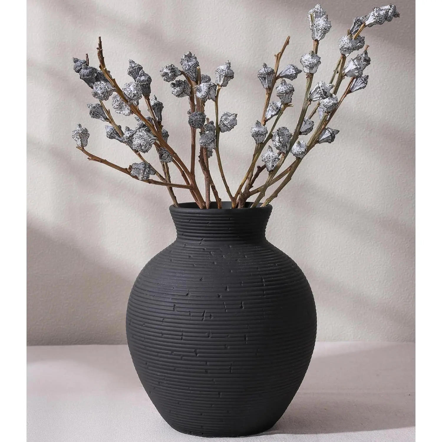 Ceramic Flower Vase 7.4 Inch, Retro Farmhouse Home Decor for Living Room Kitchen Bedroom Office Desk Shelf Dining Entryway, BlackGift