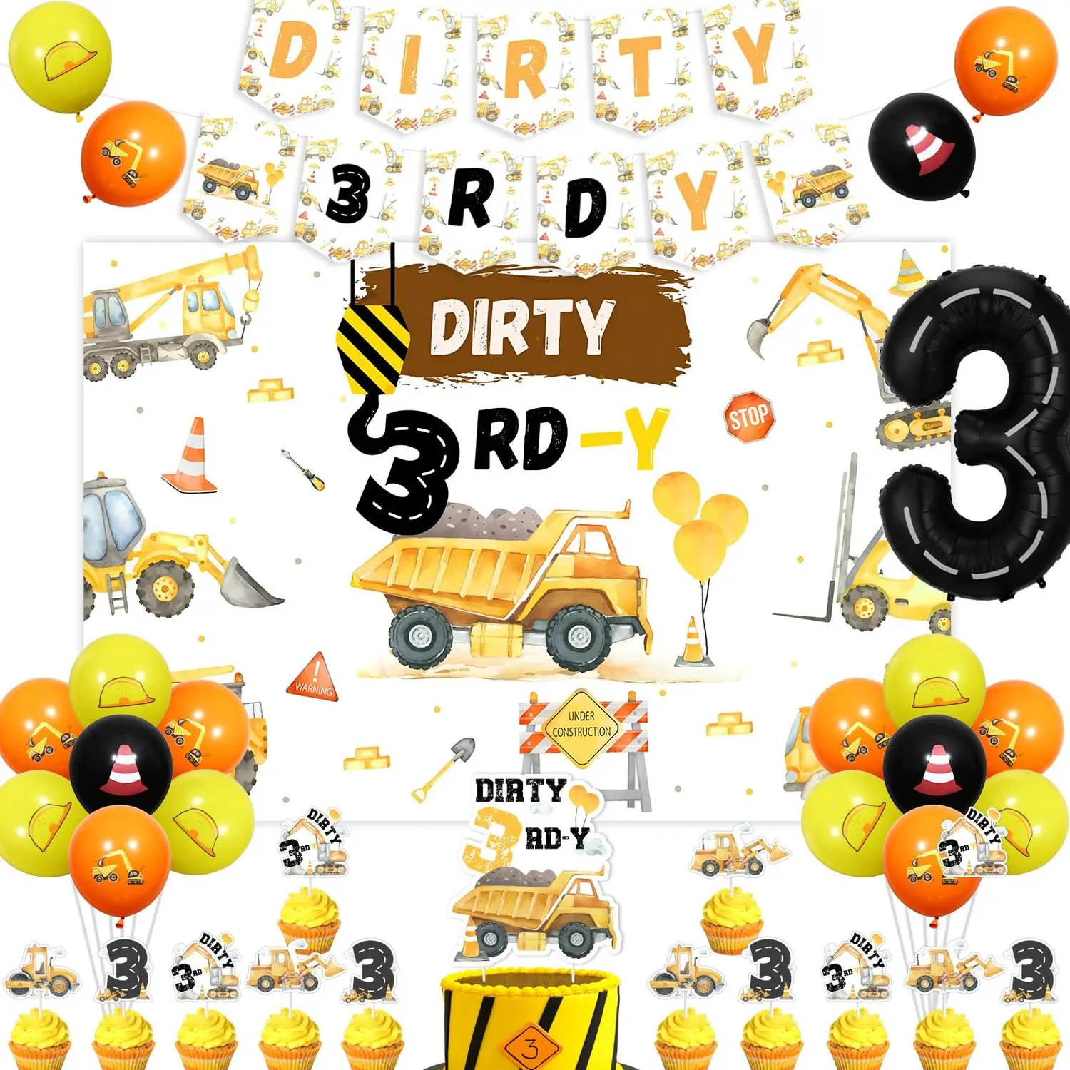 1-Set Construction Themed 3rd Birthday Party Decorations Kit with Dirt-Themed Backdrop Banner, Excavator Cake/Cupcake Toppers, Dump Truck Helmets, Barricades, Balloons & Gifts for 3-Year-Old Boys, Balloon