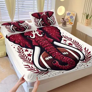 Alabama Crimson Tide Theme Fitted Sheet Set & 2 Coreless Pillowcases-Wine Red Glitter Elephant & Football & Letter A-Comfortable Non-Slip Mattress Protector-Sporty Bedding for Football Fans' Bedroom Decor