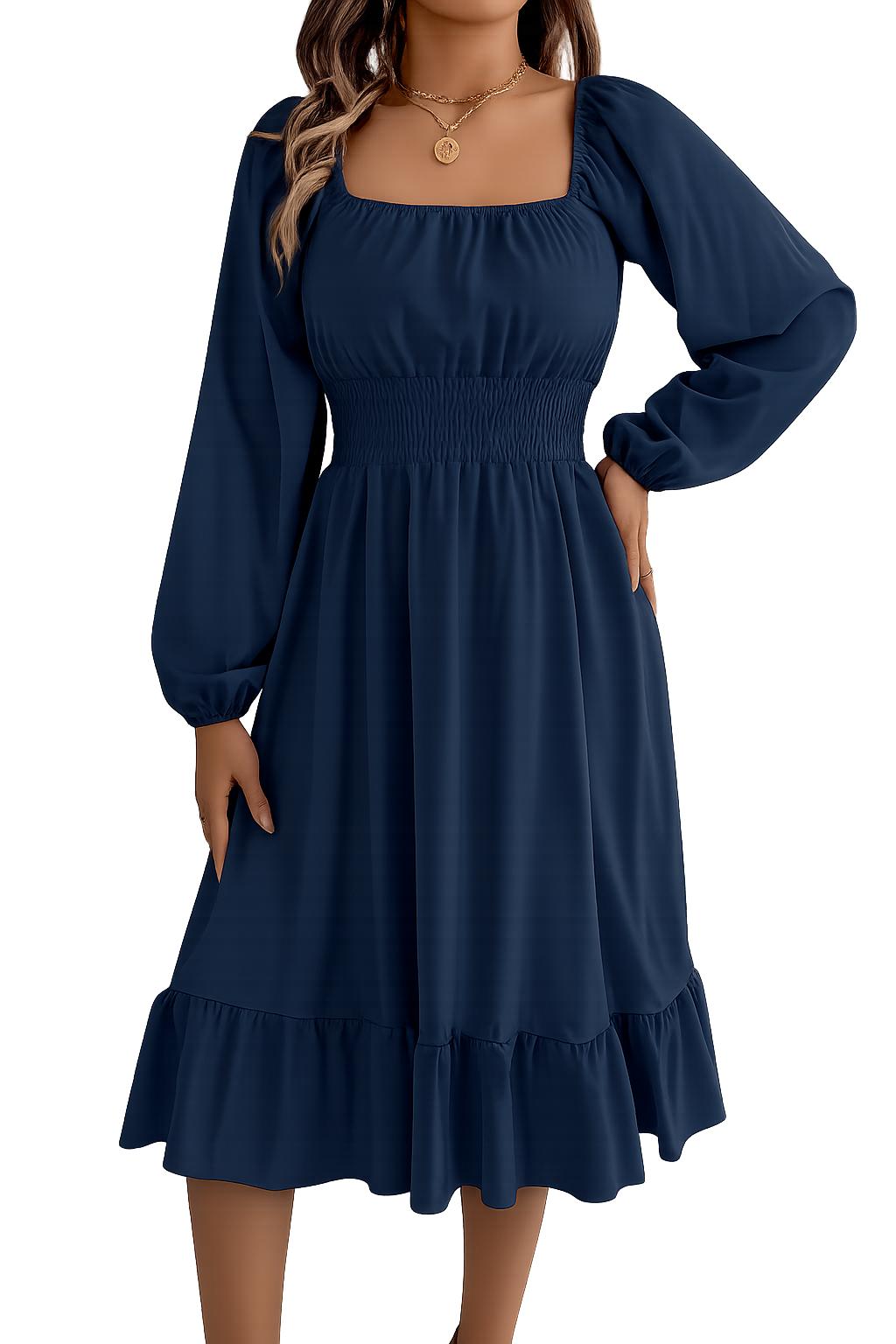 2026 Spring and Summer Leisure Solid Color Square Collar Long Sleeve Waist-Cinched A-Line Skirt