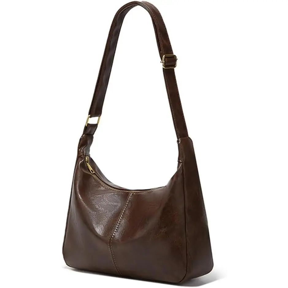 Brown  Bag for Women,Brown Leather Purse Slouchy Hobo Bags Everyday Purse Daily Commuting Bag with Zipper