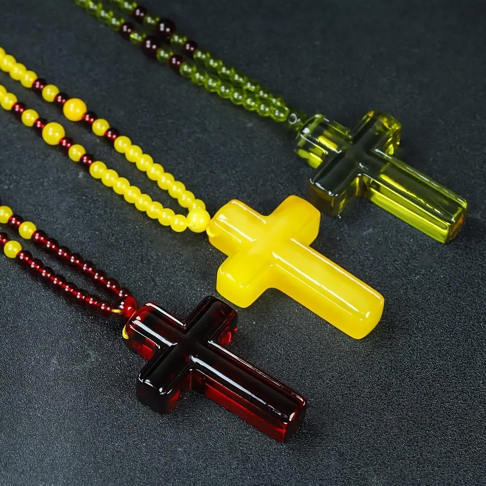 Tricolor Amber Cross Pendant Necklace for Men and Women, Golden Yellow Couple's Jewelry, Long Sweater Chain, Cross Shape, Casual Wear, Long Chain Necklace, Couple Wear