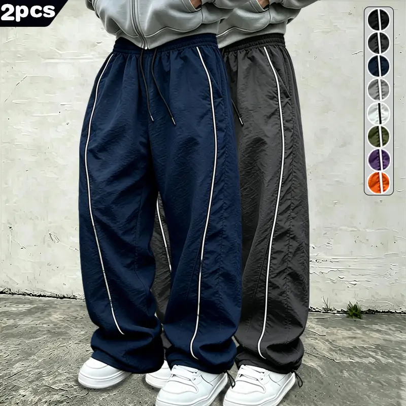 Summer two-color patchwork quick drying casual pants for men, trendy brand loose wide leg paratrooper pants, elastic waistband drawstring, foot binding, two in one sports pants, American retro drape, versatile floor pants