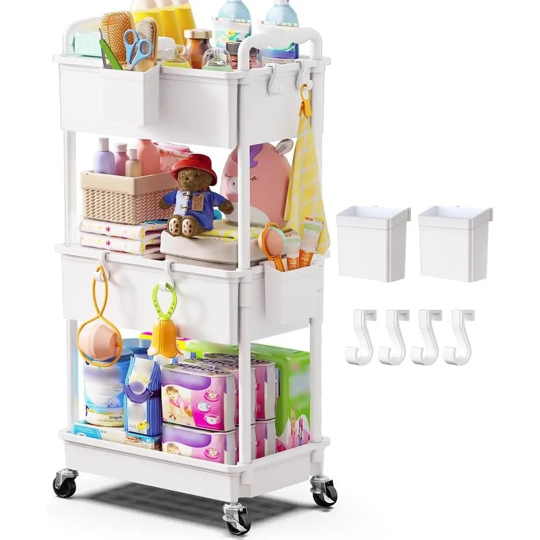 Diaper Cart with Lockable Wheels and Easy Assembly, 3 Tier White Rolling Cart for Baby Nursery Storage, Sturdy Ample Diaper Caddy Organizer for Baby Girl, Boy, New Mom, Newborn Essentials