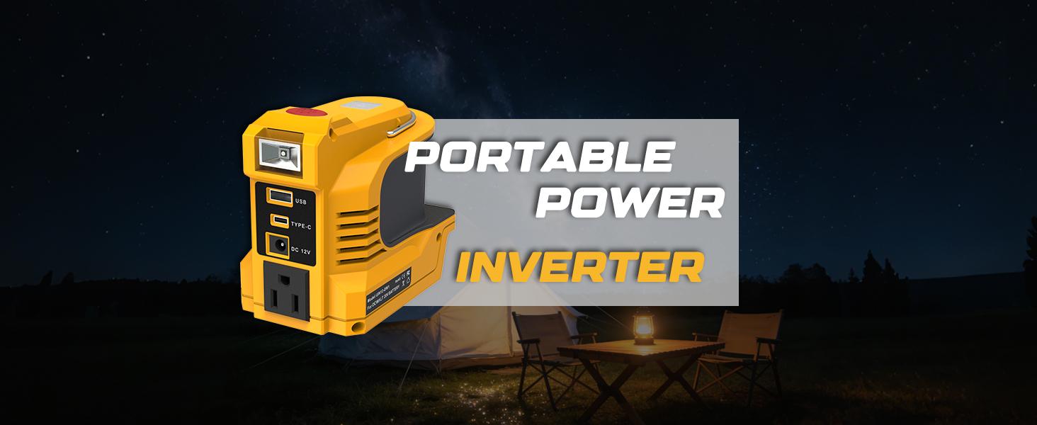 200W Portable Power Inverter  20V Battery,DC 20V to AC 120V Portable Power Station with 1 USB Ports & 1 Type-C Fast Charging, 200LM LED,Camping & Emergency Use