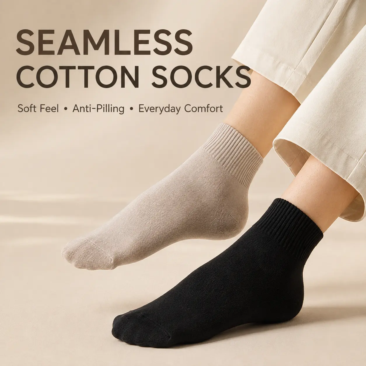 Seamless Cotton Socks for Women Men, Soft Anti Pilling Crew Socks with Comfortable Ribbed Cuff, Skin Friendly Breathable Everyday Socks, Classic Black and Beige Socks for Work, Casual Wear, Travel, Home, Office, Sneakers and Daily Essentials