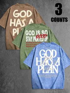 Men's Christian Faith Distressed Washed Vintage Short T-Shirt, "God Has A Plan" Inspirational Text Print Oversized Tee, Casual Aesthetic Religious Streetwear #ChristianTee #WashedVintageShirt #FaithInspiredTee #ReligiousStreetwear #TikTokMadeMeBuyIt