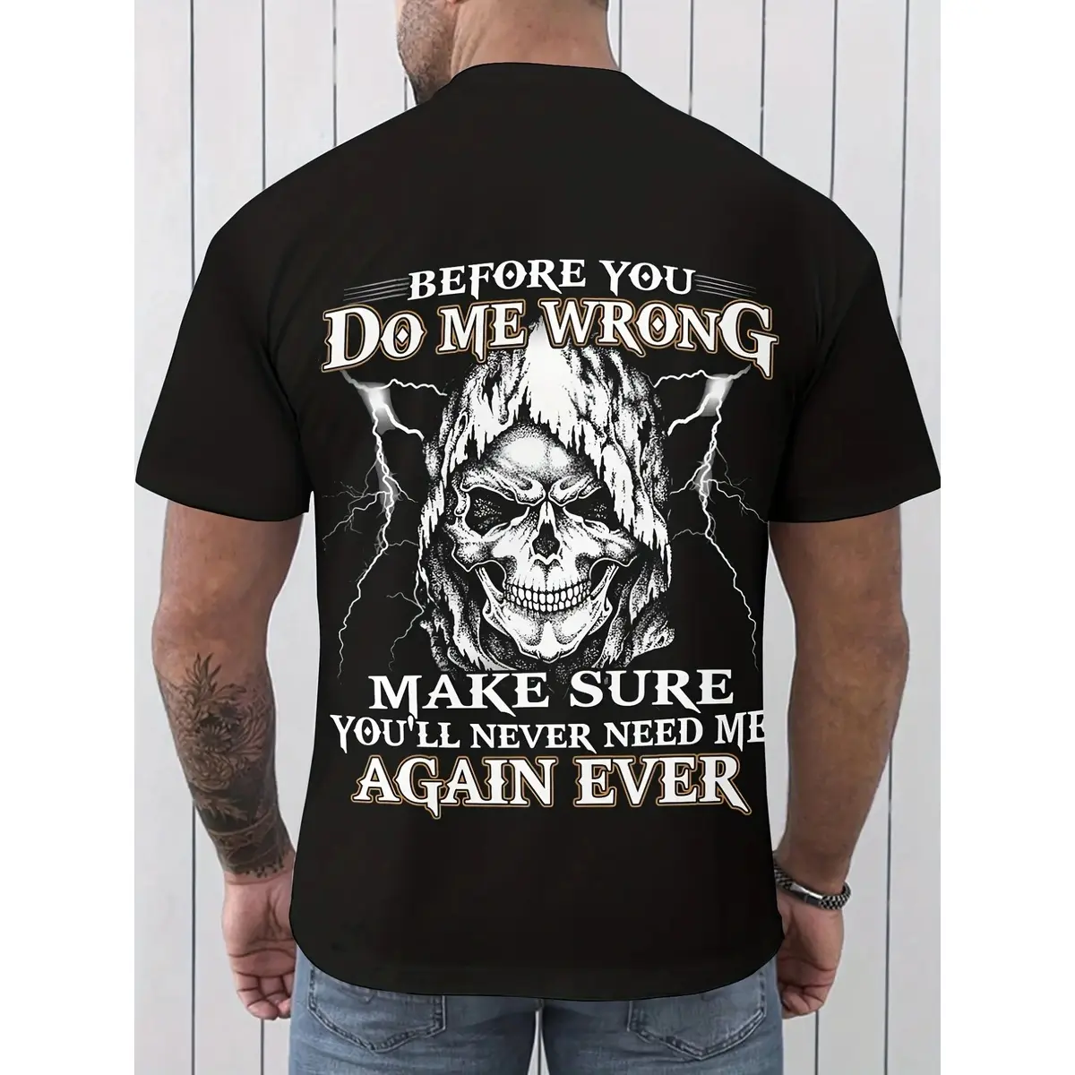 Men' Grim Reaper Skull 'Before You Do Wrong' Threatening Slogan T-Shirt - Edgy Cotton Crew Neck Tee with Non- Fabric, Size Casual Short Sleeve Top for Year-Round Wear & Statement Apparel, PLUS SIZE