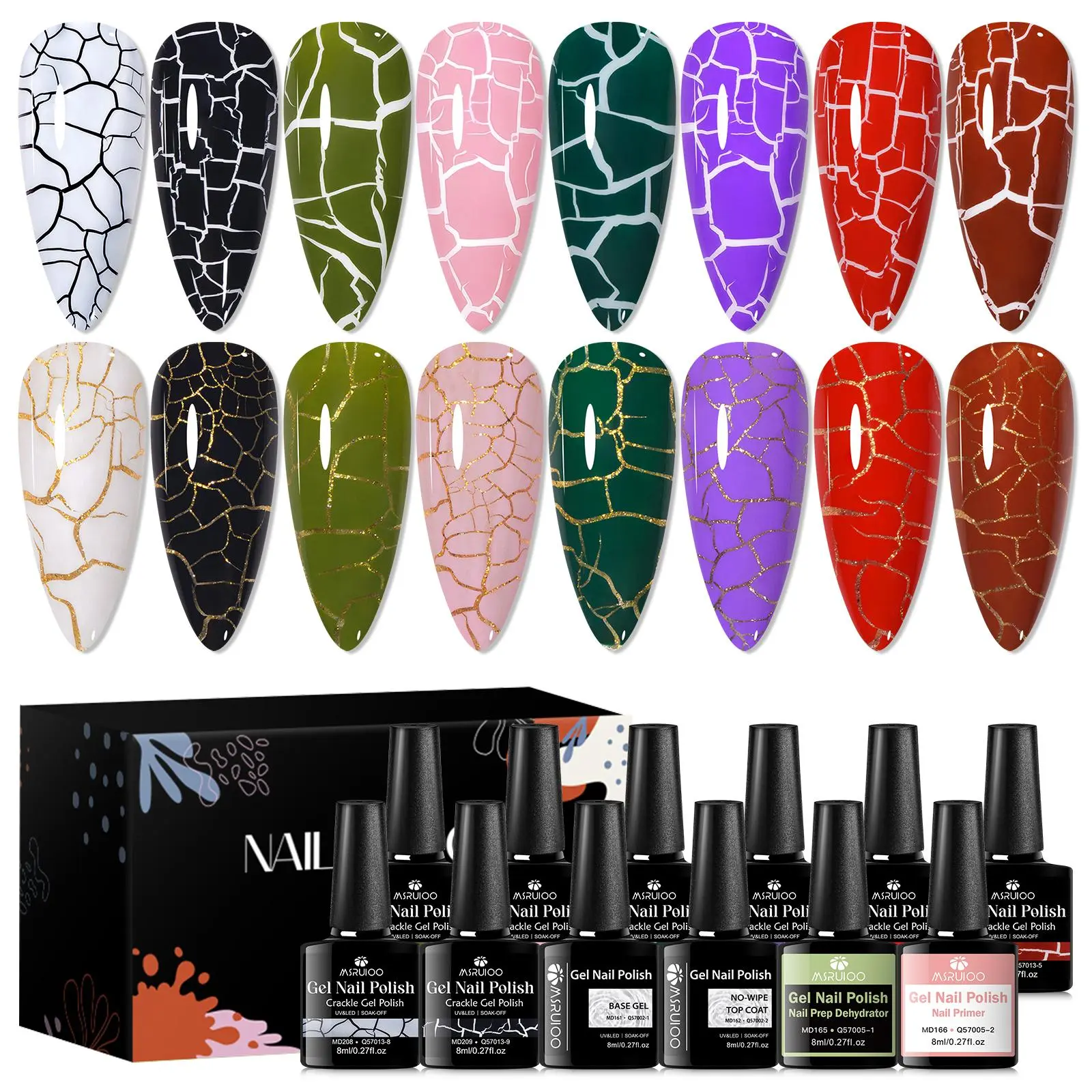 MSRUIOO 12pcs/set Fashion Tendency Cracked Effect, Soak Off DIY Salon Nail Art Manicure Perfect for Gifts, Holiday Manicures