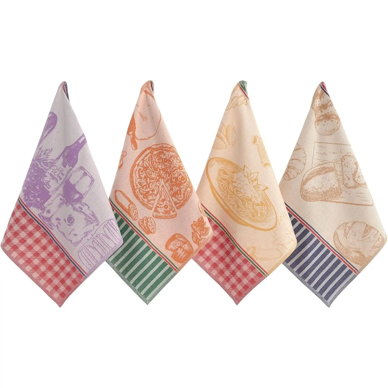 100% Cotton French Jacquard Kitchen Tea Towel Set (4-Piece) - Sea Me at Home Cleaning Towels with French Motifs for Gourmet Kitchen Use, Set Of 4