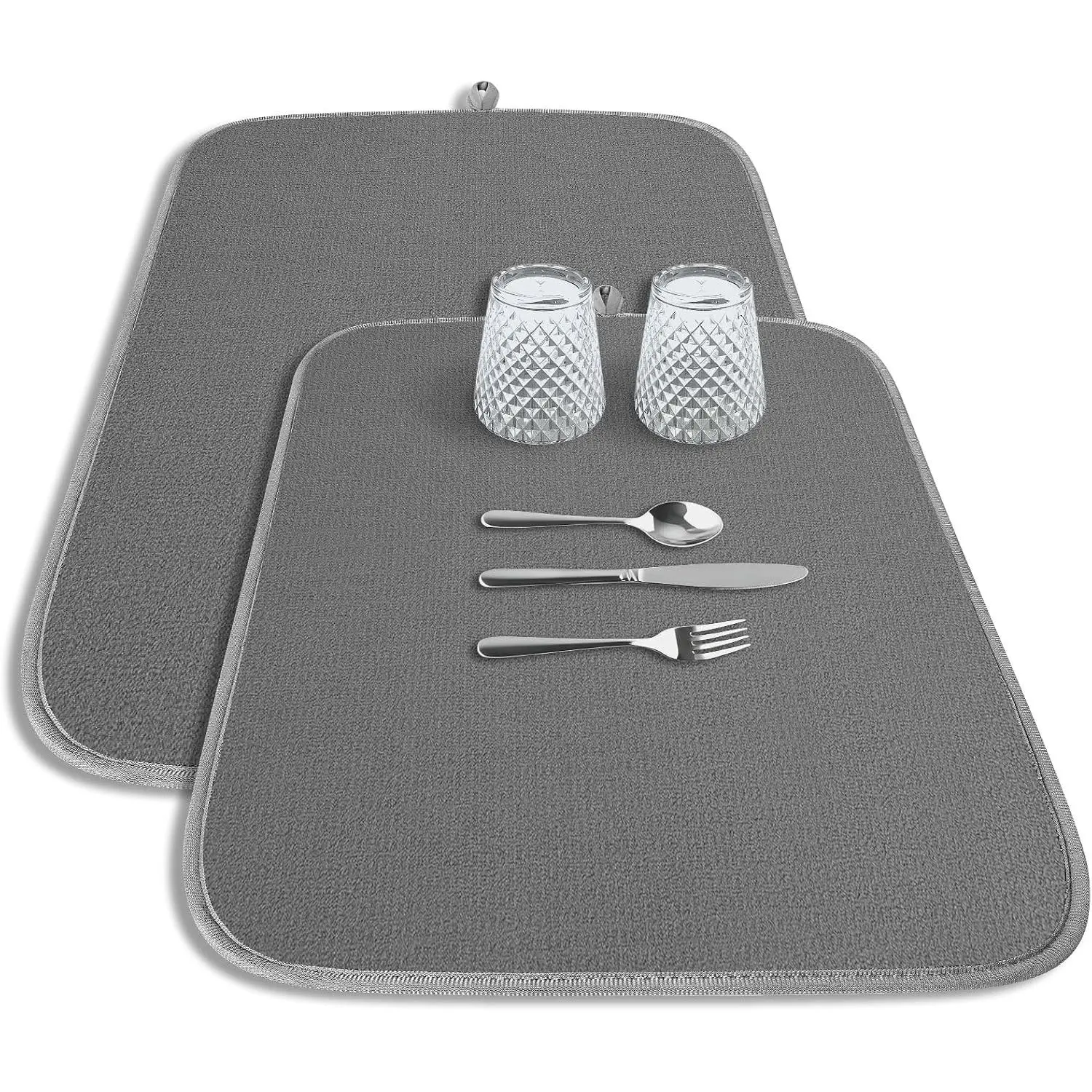 Dish Drying Mat - 2-Pack Washable Microfiber Drying Mat for Kitchen Counter, 3-Layer Ultra Absorbent Pad with a  Hook, 20" x 14", Dark Grey
