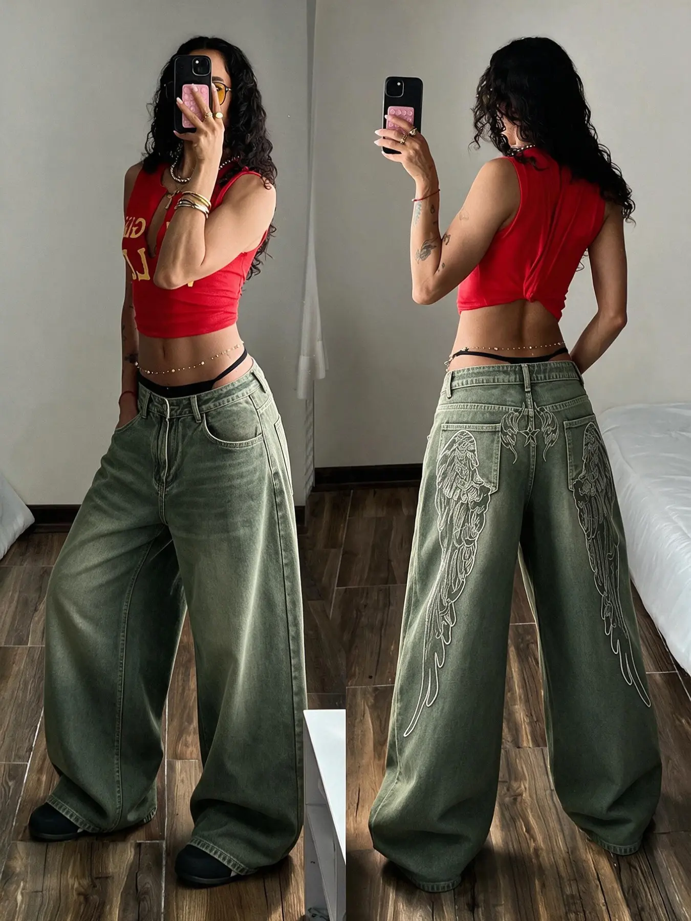 Women's Military High-Waisted Jeans, Wing Embroidery Straight Leg Pants, Y2K Street Fashion, Loose Fit, All Seasons