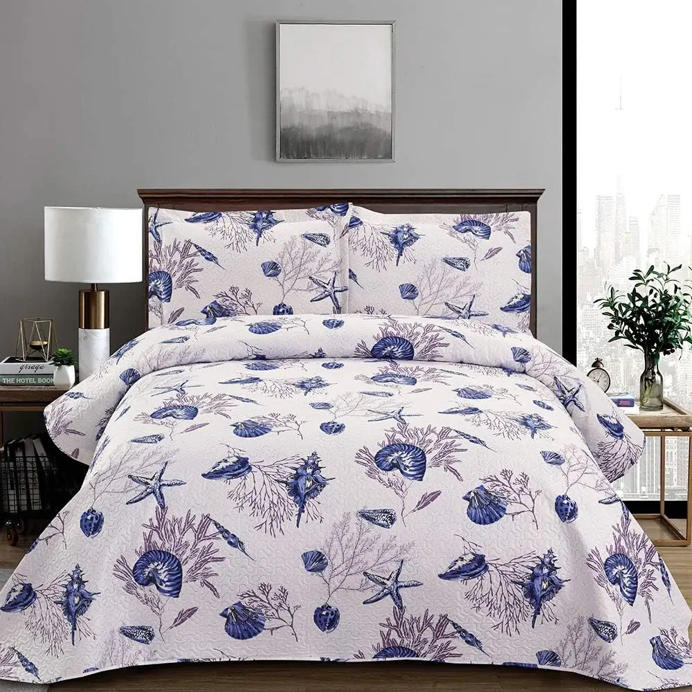 Size Quilt Set Beach Quilt Bedding  Quilts Bedspread Coverlet Coastal  Bedding Summer Lightweight Reversible Quilt Beach Bed Spread Coverlet Starfish Conch Shell  Decor Blue