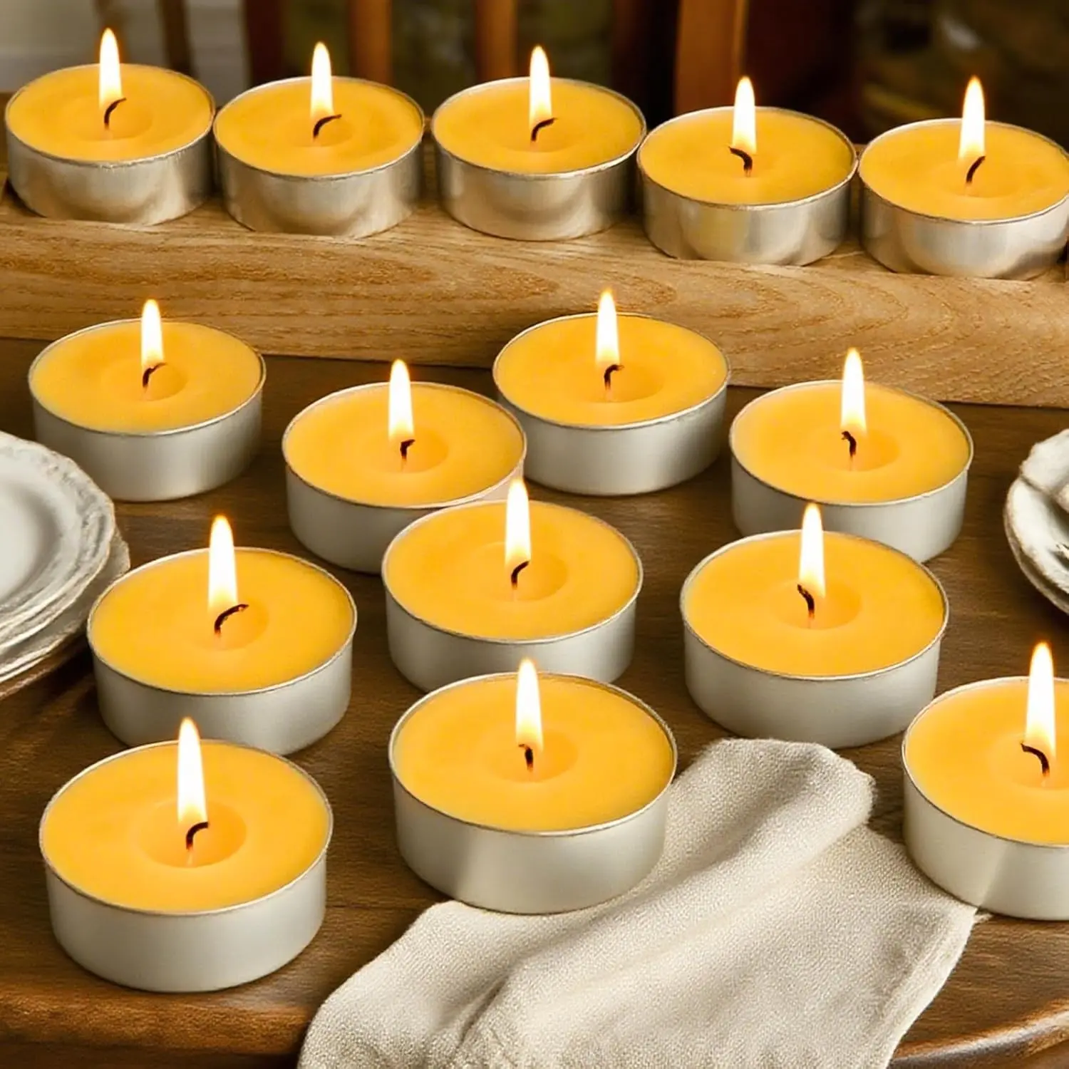 Beewax Tealight Candles 24 Pack, 4 Hour Clean Burn for Home Decor Non Toxic Beeswax Tea Lights in Aluminum Cup, Smokeless and Dripless, Natural Small Candle for Air Purify,Relax,Shabbat
