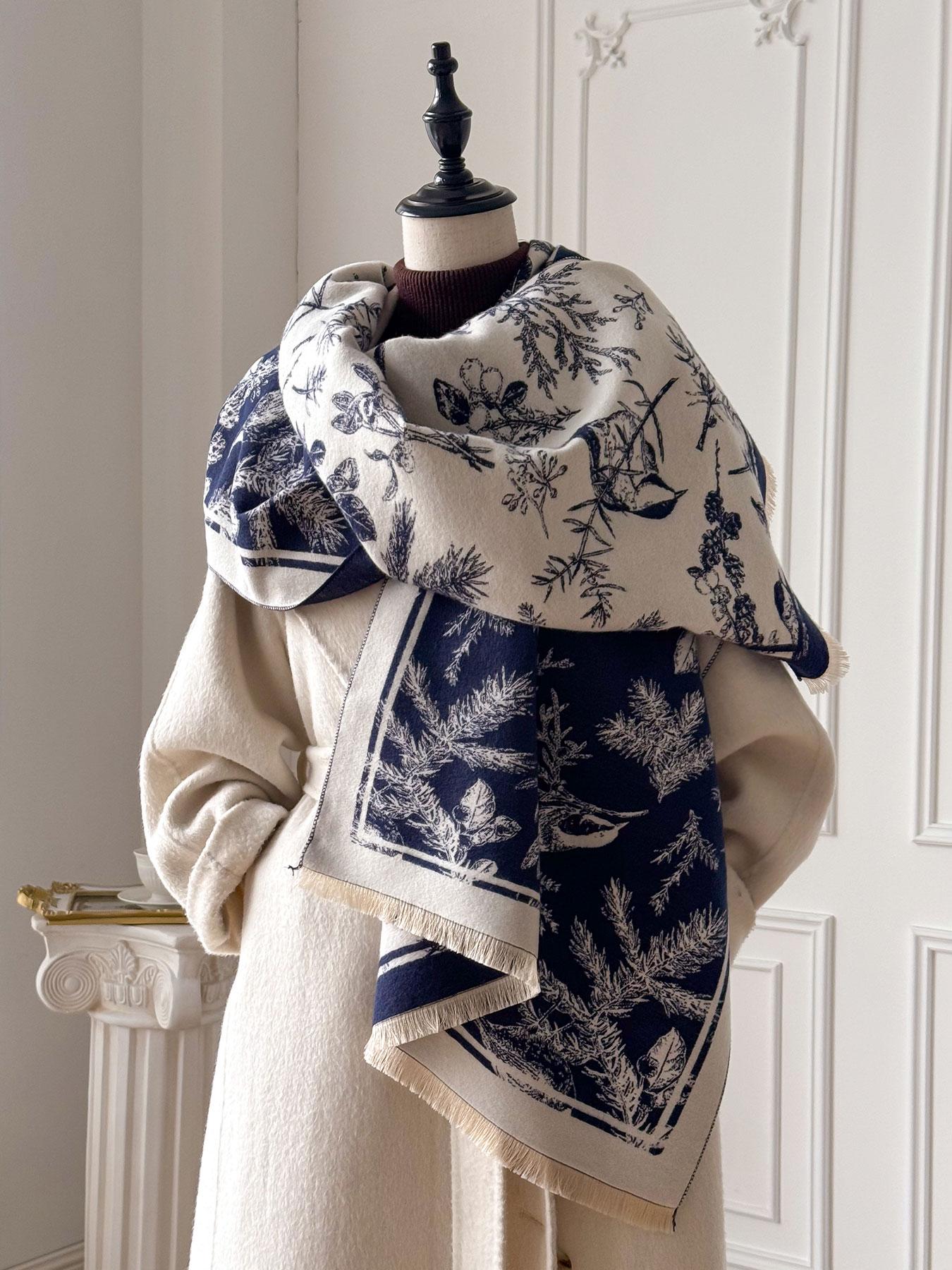 Women's Winter, Loose Fit Floral Pattern Shawl, Casual Loose-Fit Design, Thick Woven Fabric, Warm & Soft, Perfect for All Seasons, Elegant Fashion Accessory