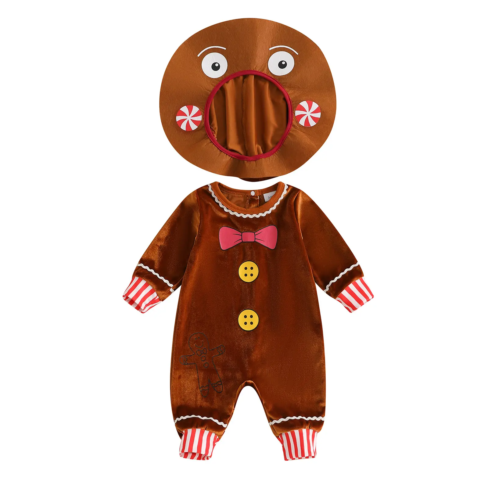 Baby Christmas Romper Set Long Sleeve Crew Neck Jumpsuit with Hat Gingerbread Man Clothes