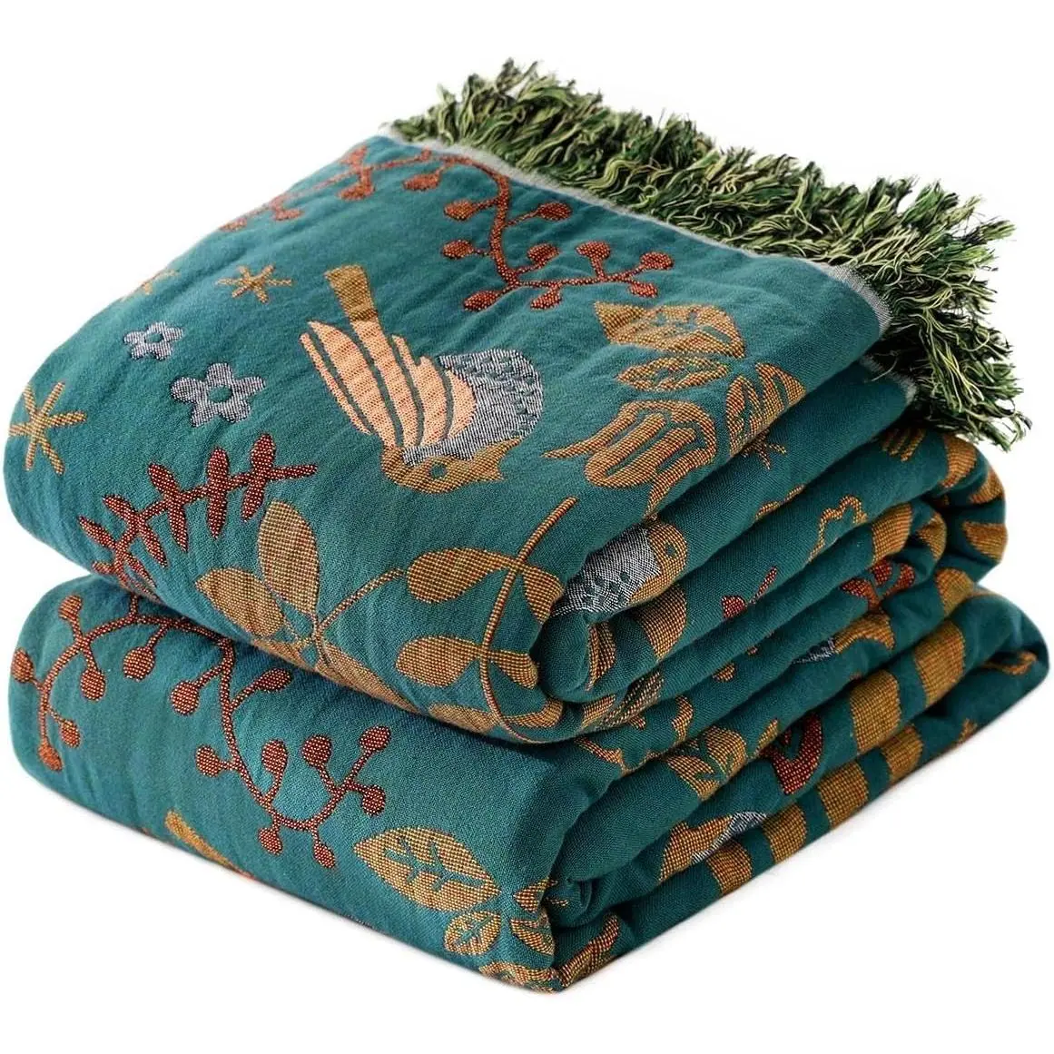 Boho Throw Blanket for Couch 100% Cotton Soft Birds and Floral Double Embroidery Breathable Summer Throw Blankets,50"x60" All Season Reversible Throws for Sofa Chair Livingroom Home Decor
