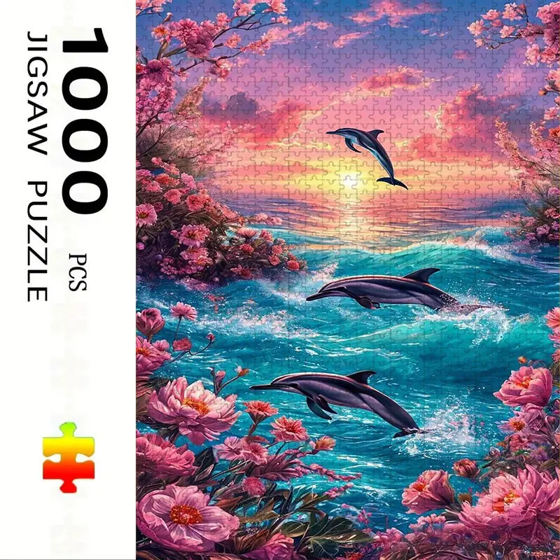 1000 Piece Dolphin Puzzle, Large Adult Family Interactive Toy, DIY Home Decor Brain Challenge, Festive Scene, Durable Puzzle