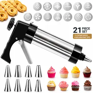MIUVA Stainless Steel Cookie Press Gun Kit with 13 Cookie Discs & 8 Decorating Tips, Easy Press Cookie Maker for Biscuits, Cookies, Cupcakes & Dessert Decorating