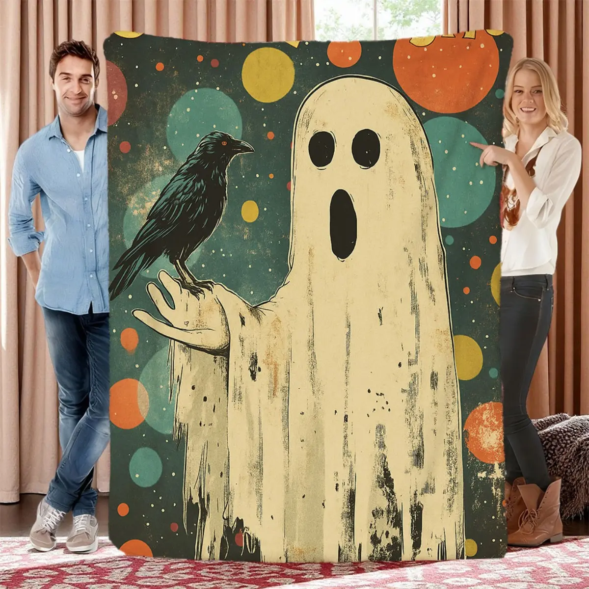 Scary Night & Crow Print Flannel Blanket Soft Themed Throw with Spooky, Raven, and Colorful Dots Design Cozy Seasonal Decor for Couch, Bed, or Campfire, Festive Throw Blanket Rave