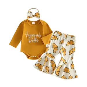 Infant Baby Girls Thanksgiving Outfit Long Sleeve Letters Embroidery Romper with Croissant Print Bell Bottom Headband 0-18 Months