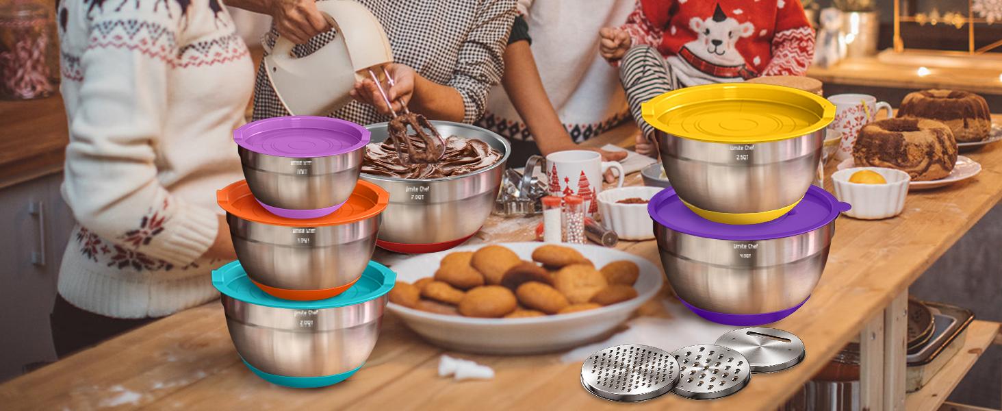 Umite Chef Mixing Bowls with Lids Set, 26Pcs Colorful Stainless Steel Bowls Set, Nesting Bowls with Grater Attachments, Large Kitchen Bowls Set with Non-Slip Bottoms for Mixing & Serving