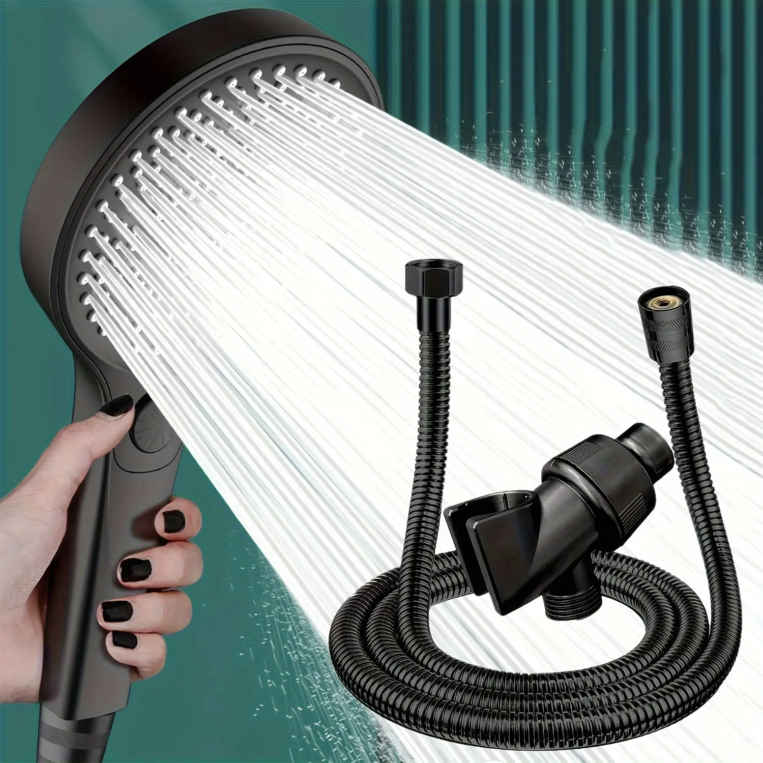 [High-Pressure Shower Head Set] 13.5cm Three-Setting Button Shower Head - Black + American Style Shower Holder Ball Black + 1.5m Reinforced Black Hose, High-Pressure Shower Head Set for Home Use, Super Powerful Shower Heater for Bathing. for Shower Use On