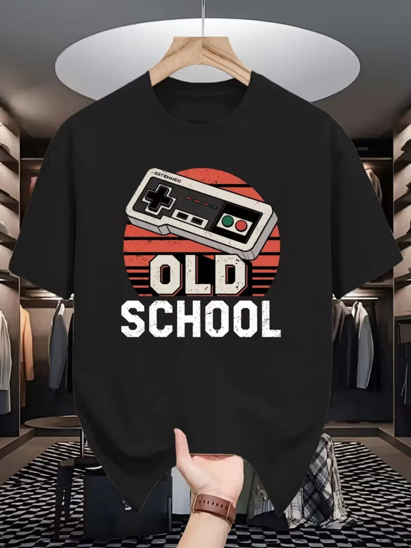 Old School Game Controller Print T-Shirt, Retro Gaming Top, Casual Short Sleeve Crop Tee, Fitted Plain Surface Unlined Shirt