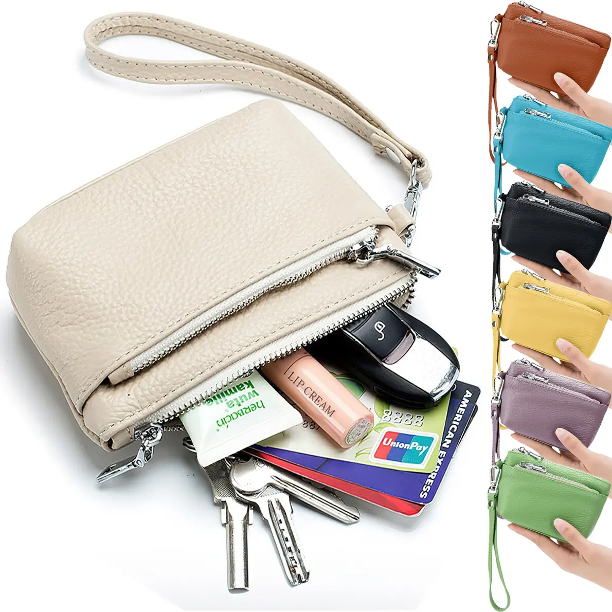 Women Genuine Leather Coin Purse Multi Zipper Pouch Mini Handbag Portable Key Card Lipstick Headphones Holder with Detachable Wrist Strap Small Storage Pouch