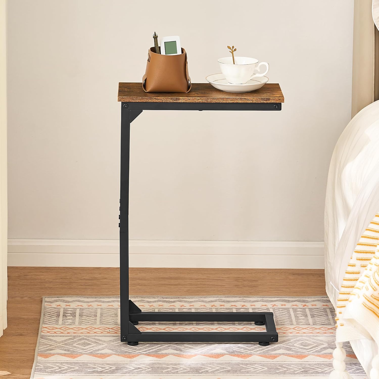 C Shaped End Table, Couch Table That Slide Under, Small Side Table for Couch, Sofa and Bed, TV Trays Set of 2 for Small Space, Living Room, Bedroom, Bedside, Rustic Brown HKET1003-3BR