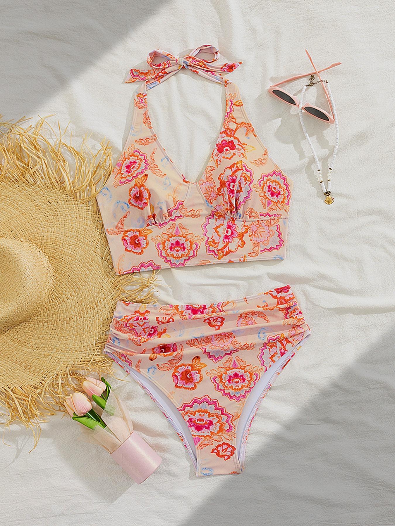 Two-piece Set Women's Butterfly & Floral Print Lace Up Bikinis Set, Casual Halter Neck Backless Swim Top & High Waist Swim Panty, Ladies Summer Swimwear for Beach, Swimsuits Women, Swimsuit Style, High Waisted Swimsuit, Bikini Sets