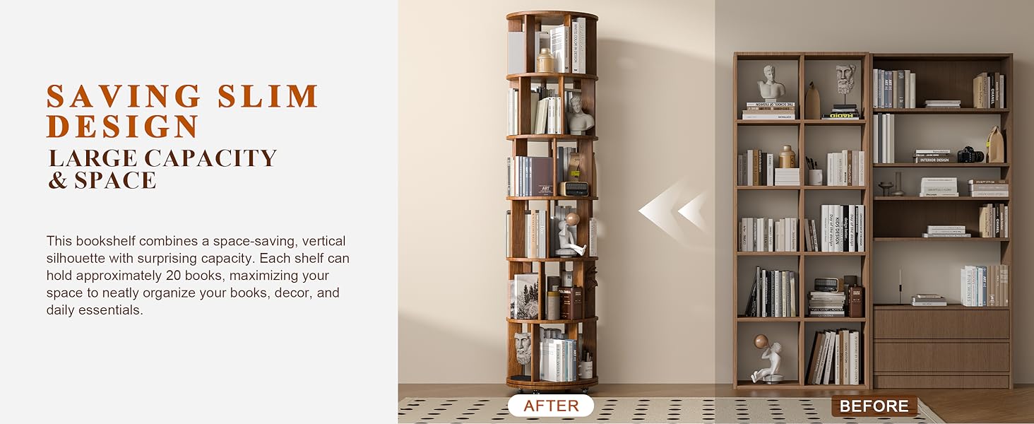 6 Tier Solid Wood Rotating Bookcase with Wheels Round Revolving Bookshelf Organizer 360° Spinning Storage Shelf for Corner Small Narrow Spaces Home Office Kids Room Drawers Organization Computer Desk