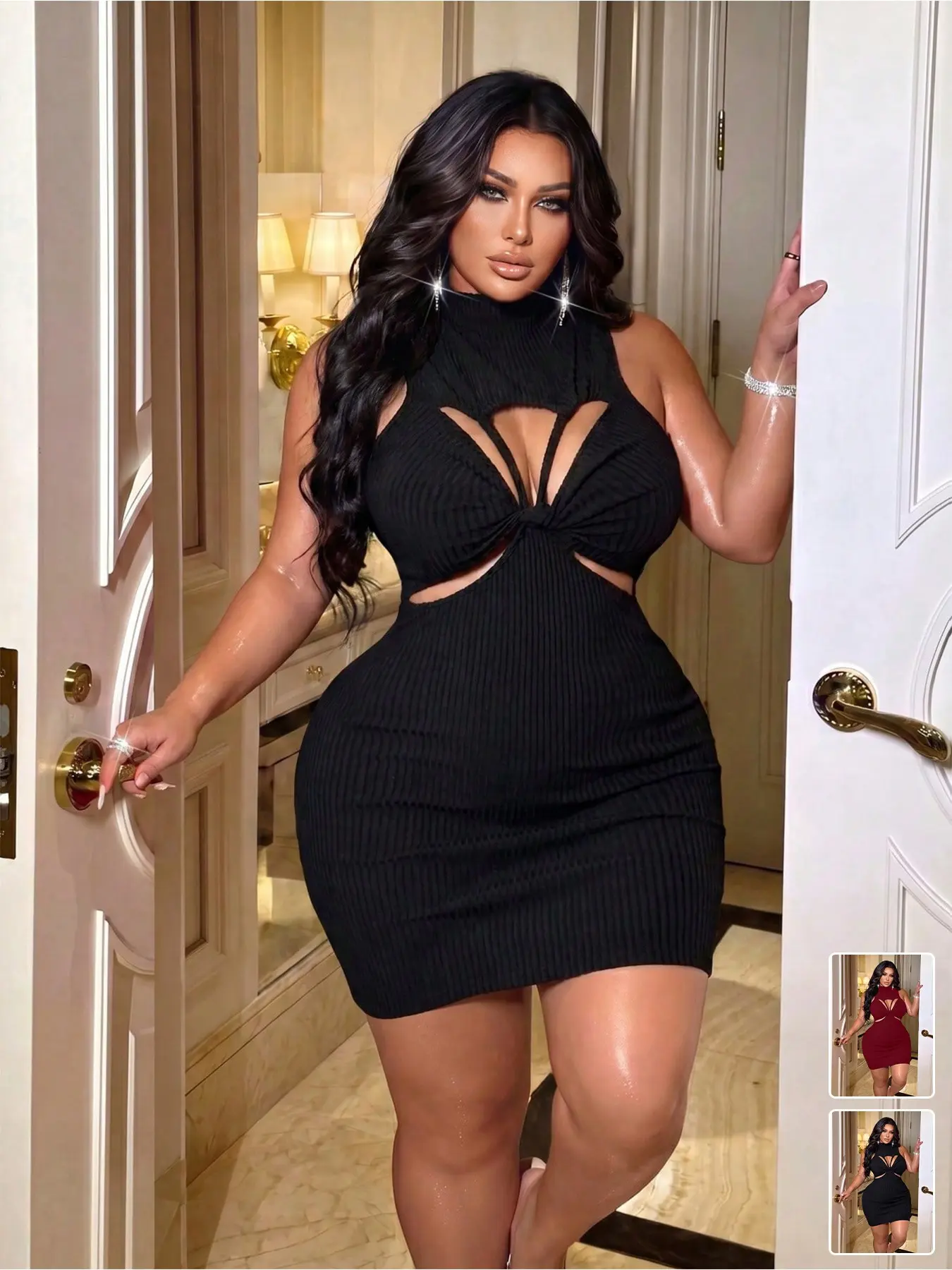 Plus Size Mock Neck Halter Twist Cutout Ribbed Bodycon Mini Dress, Sleeveless Stretch Curvy Hugging Hot Girl Outfit, Perfect for Club Party, Date Night Dinner, Birthday Gathering, Influencer Street Shots, Photoshoots, Bar Outfits, Girls Cocktail Night