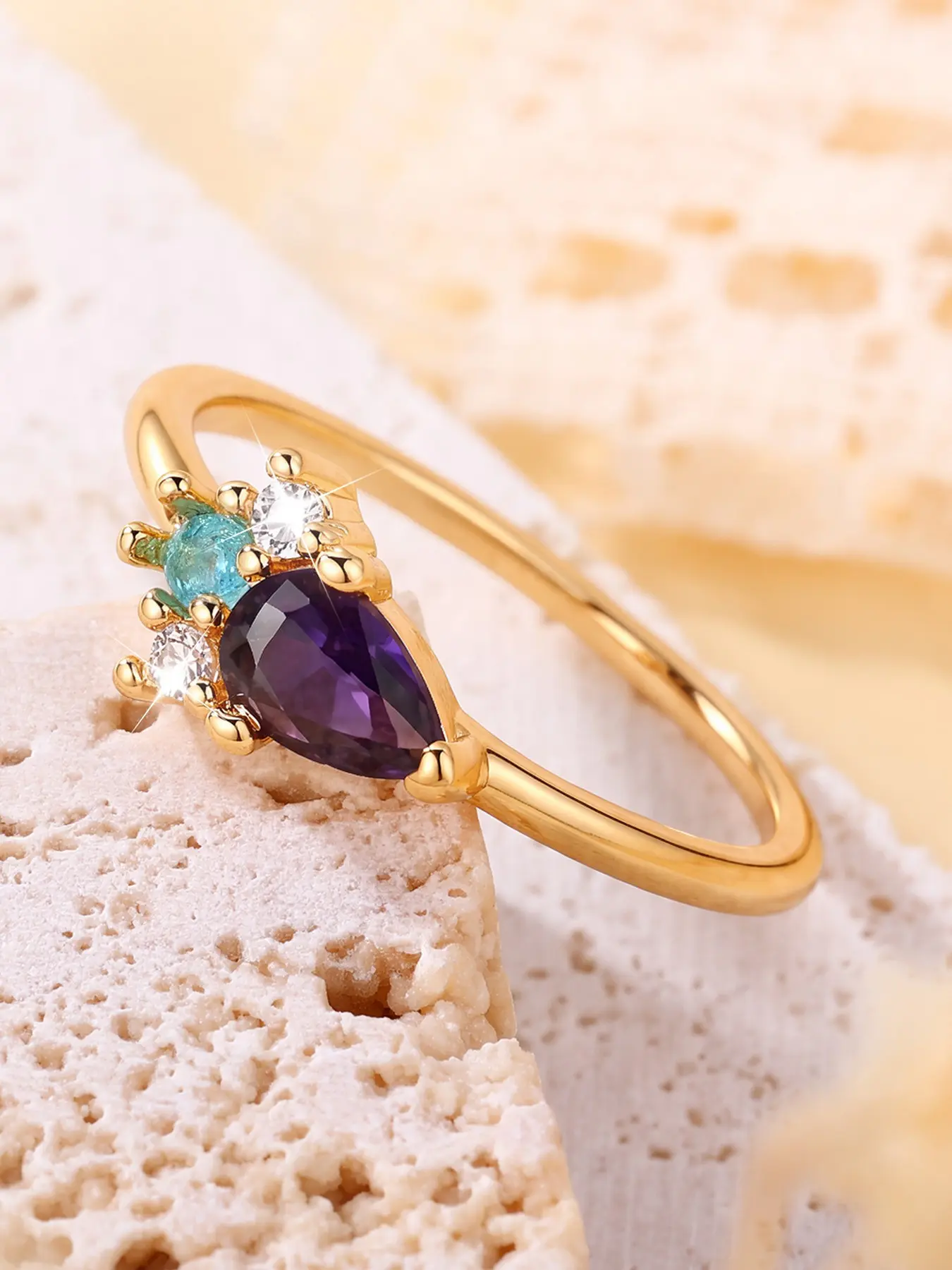 1 PC Vintage Marquise Ring for Women, Dainty Elegant Gold Tone Design with Purple Center Stone and Colorful Accent Details, for Everyday Wear, Party, Anniversary & Holiday Gift