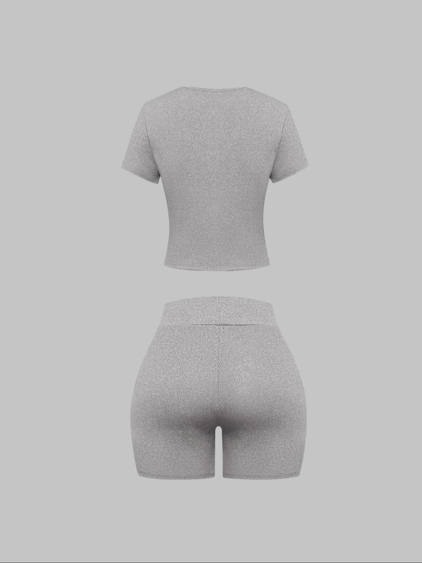 Women's Solid Short Sleeve Round neck Tee & Letter Patched Skinny Shorts Set, Casual Two-piece Set for Daily Wear, Ladies Clothes for All Seasons