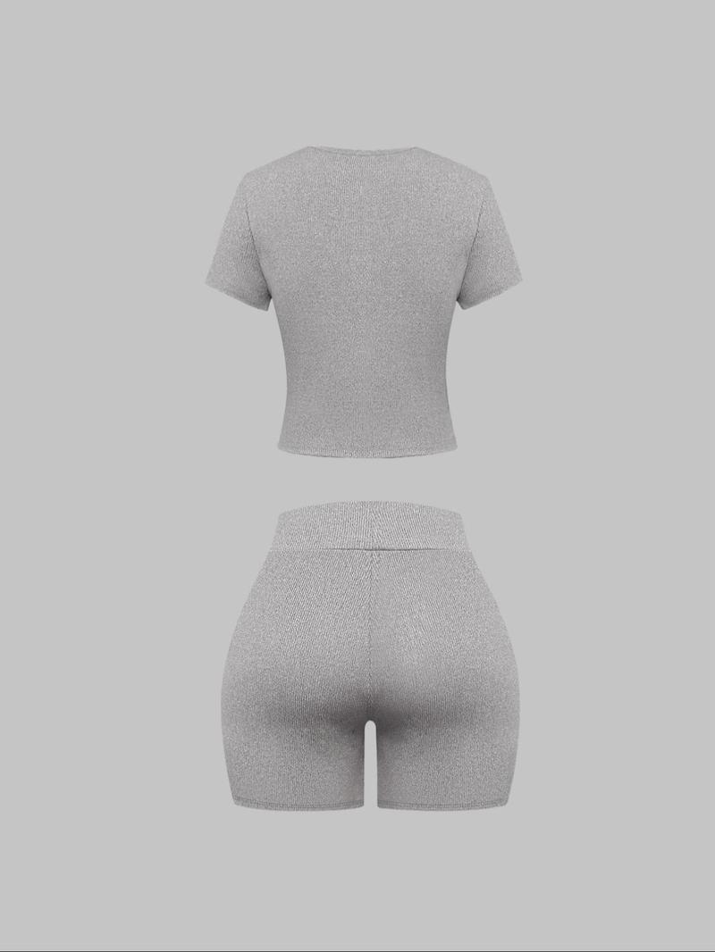 Women's Solid Short Sleeve Tee & Letter Patched Skinny Shorts Set, Casual Two-piece Set for Daily Wear, Ladies Clothes for All Seasons