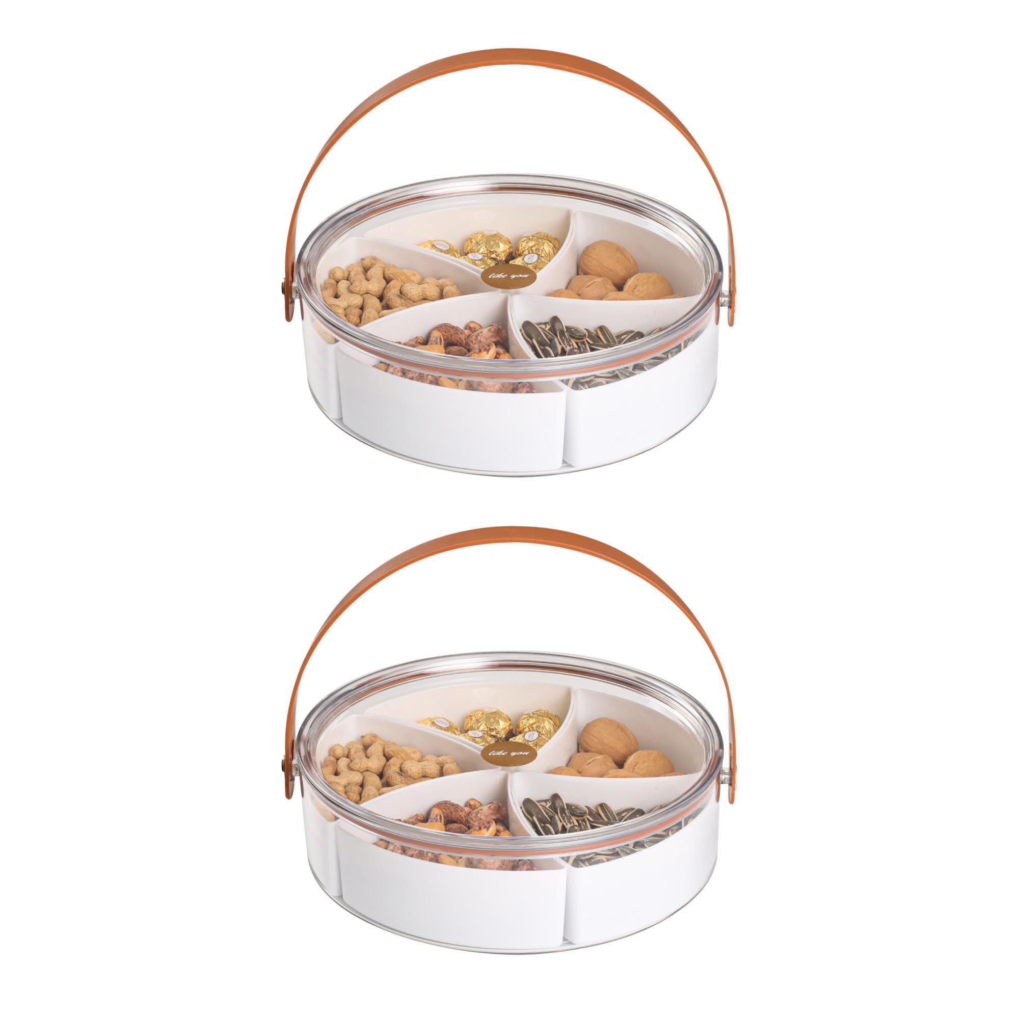 Divided Serving Tray with Lid and Handle, Stackable Snackle Box Container for Fruits Candy Organizer, Portable Spinning Rounded Veggie Tray for Kitchen, Party, Trave and Picnic, White 1 Pack