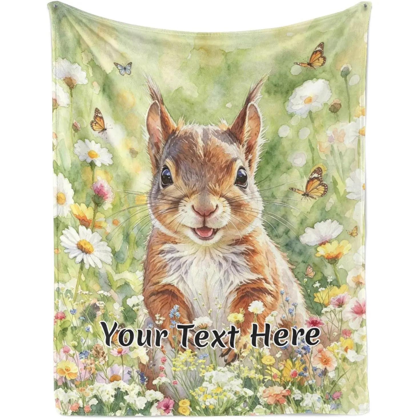 Custom Text Watercolour Squirrel Flannel Throw Blanket - Hand-Painted Wildflower Daisy Butterfly Design, Wrinkle-Resistant, Breathable, Durable, Fade-Resistant, Soft Cozy Warm Bedding for Kids, Personalized Birthday Gift, Woodland Animal Home Decor, Room,